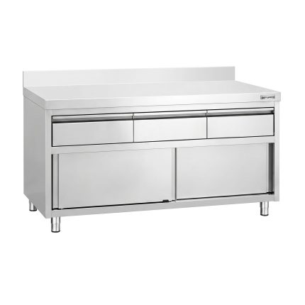 Masă de lucru tip dulap din oțel inoxidabil PREMIUM – 1600 x 600 mm – cu margine ridicată – cu 3 sertare și ușă glisantă