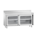 Masă de lucru tip dulap din oțel inoxidabil PREMIUM - 1600x700 mm - uși glisante din sticlă - cu rebord
