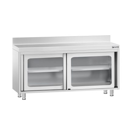 Masă de lucru tip dulap din oțel inoxidabil PREMIUM - 1600x700 mm - uși glisante din sticlă - cu rebord