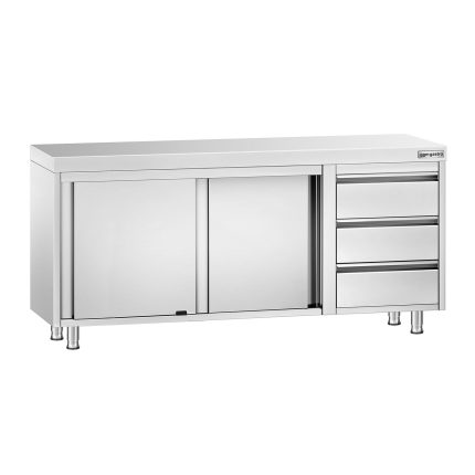 Dulap de lucru din oțel inoxidabil PREMIUM - 1800 x 700 mm - cu 3 sertare pe partea dreaptă