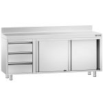 Dulap de lucru din oțel inoxidabil PREMIUM – 2000 x 700 mm – cu 3 sertare pe partea stângă și rebord