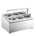 Suport tacâmuri - pentru 6 cilindri/recipiente tacâmuri - cu 6 recipiente tacâmuri incluse - cu mâner de transport - 385x305 mm - Înălțime: 200 mm - oțel inoxidabil