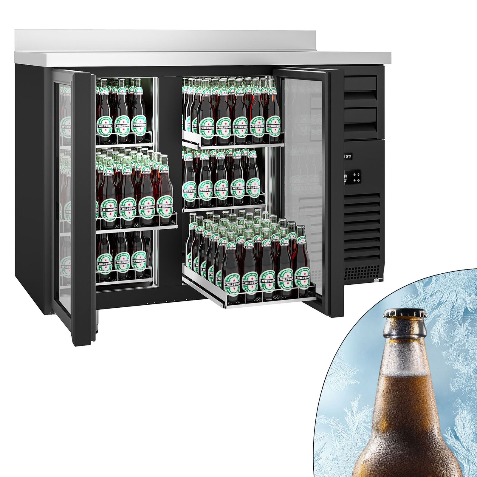 BGFI157B_1.jpg Frigider Bar Profesional PREMIUM PLUS - SUPERCOOLER - 1475x700 mm - 440 L - 2 uși din sticlă, 6 sertare, bordură spate 40 mm, iluminare LED & încuietoare - negru - imagine 1