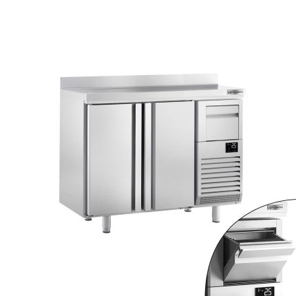 Frigider Bar Profesional PREMIUM PLUS - 1468x600 mm - 340 L - cu 2 uși pline, bordură spate 100 mm & sertar pentru zaț de cafea (knock box)