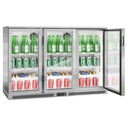 Frigider pentru bar – 1350 mm – 320 litri – cu 3 uși batante din sticlă – oțel inoxidabil