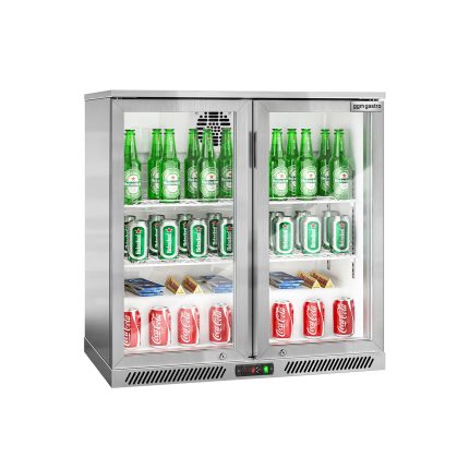 Frigider pentru bar – 900 mm – 220 litri – cu 2 uși batante din sticlă – oțel inoxidabil