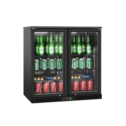 Frigider pentru bar – 900 mm – 220 litri – cu 2 uși batante din sticlă – exterior și interior negru