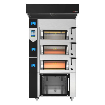 Electric Cuptor cu vatră modular pentru brutării cu umidificare & Dospitor - Touchscreen - 3 camere de coacere - incl. Hotă & Cadru inferior & Raft dospitor