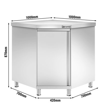 Dulap de colț din oțel inoxidabil PREMIUM cu ușă batantă, 1000 x 700 mm