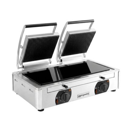 Grătar cu contact din vitroceramică – 3,4 kW – partea inferioară netedă și cea superioară striată – 2 suprafețe de gătit: 220x220 mm