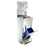 Chiuvetă pentru spălat mâini - cu pedală - oțel inoxidabil - dozator săpun manual, dozator prosoape hârtie, coș de gunoi, montare pe podea, robinet dreapta, alimentare apă fixă