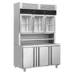 Masă frigorifică cu vitrină frigorifică verticală - 1350x800 mm - 520 L - cu 3 uși din sticlă - spate cu 3 uși - sticlă dublă - blat lucru