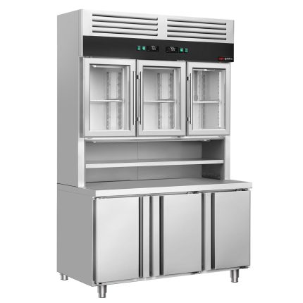 Masă frigorifică cu vitrină frigorifică verticală - 1350x800 mm - 520 L - cu 3 uși din sticlă - spate cu 3 uși - sticlă dublă - blat lucru