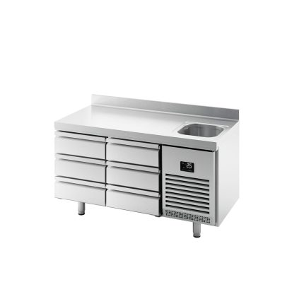 Masă frigorifică PREMIUM PLUS - 1468x600 mm - 250 L - cu 1 cuvă - cu 6 sertare - bordură - blat lucru