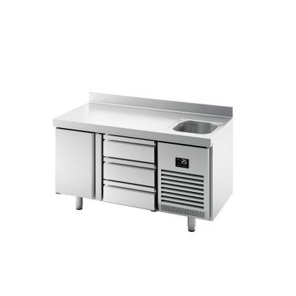 Masă frigorifică Premium PLUS – 1468 x 700 mm – cu 1 cuvă, 1 ușă, 3 sertare – rebord