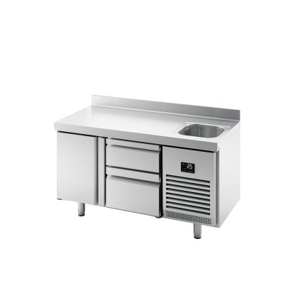 Masă frigorifică Premium PLUS – 1468 x 700 mm – cu 1 cuvă, 1 ușă, 2 sertare – rebord