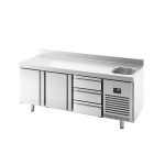 Masă frigorifică Premium PLUS – 1960 x 600 mm – cu 1 cuvă, 2 uși, 3 sertare – rebord