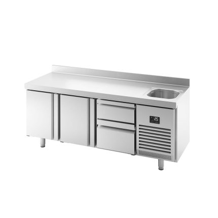 Masă frigorifică Premium PLUS – 1960 x 600 mm – cu 1 cuvă, 2 uși, 2 sertare – rebord