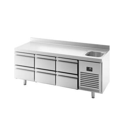 Masă frigorifică Premium PLUS – 1960 x 700 mm – cu 1 cuvă, 6 sertare – margine ridicată
