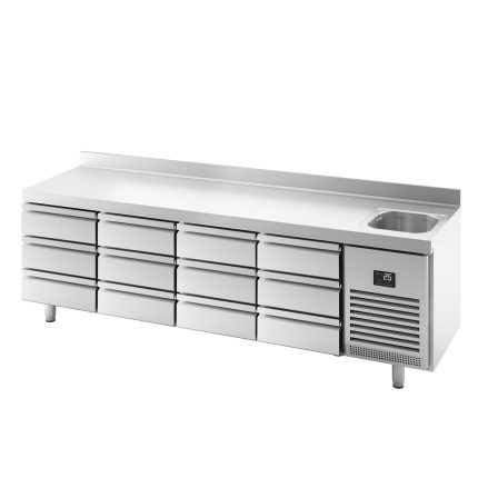 Masă frigorifică PREMIUM PLUS - 2452x600 mm - 510 L - cu 12 sertare - bordură - blat lucru