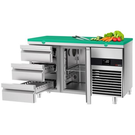Masă frigorifică PREMIUM - 1400x700 mm - 281 L - culoare verde - cu 1 uși - cu 3 sertare - tocător verde