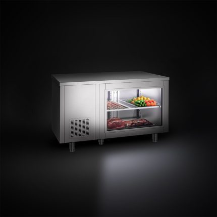 Masă frigorifică - 1400x700 mm - 281 L - cu 2 uși din sticlă - GN 1/1