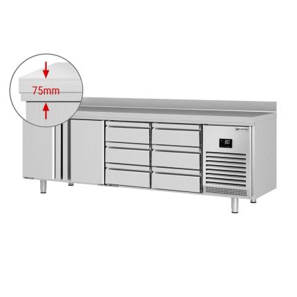 Masă frigorifică Premium PLUS – 2452 x 600 mm – cu 2 uși – 6 sertare 1/3 – cu rebord