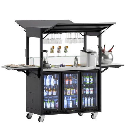 Stație mobilă pentru cocktailuri - cu frigider bar, suprafață de lucru, suport pentru pahare și iluminare LED - pliabilă