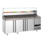 Masă frigorifică pentru preparare pizza PREMIUM - cu blat din granit - 2150x800 mm - cu 3 uși & 3 sertare - cu vitrină de ingrediente - 10x GN 1/3