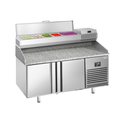 Masă frigorifică pentru preparare pizza PREMIUM PLUS - cu blat din granit - 1490x700 mm - cu 2 uși - cu vitrină de ingrediente - 6x GN 1/4