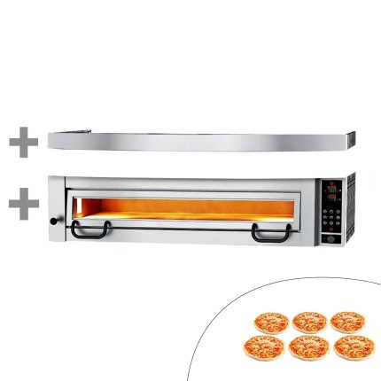 Cuptor pizza electric (vatră din șamotă) - 1462x1010x491 mm - 6 x Ø 34 cm - până la 450 °C - Control digital - incl. Hotă oțel inoxidabil