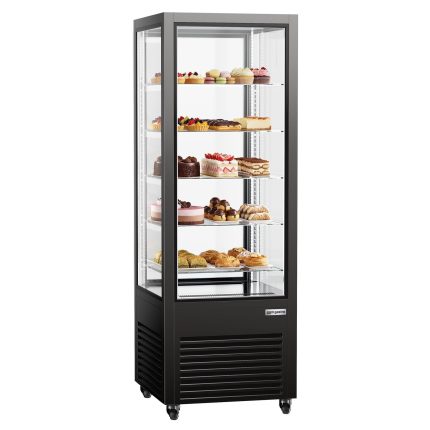 Vitrină panoramică - 440 litri - 675 mm - 1 ușă din sticlă - geam drept - cu 5 rafturi - iluminare LED; 360°/cu geam pe 4 fețe - negru
