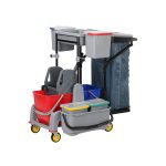 Cărucior de curățenie – 6 recipiente, storcător de mop, sac pentru rufe și raft