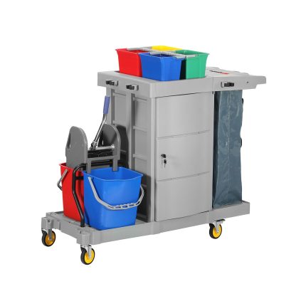 Cărucior de curățenie – închis – 6 recipiente, storcător de mop, sac pentru rufe
