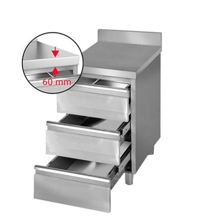 Masă tip dulap PREMIUM - oțel inoxidabil - cu 3 sertare - cu rebord - 500x600 mm
