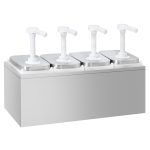 Dozator sosuri - oțel inoxidabil - 4x 2 litri - dozare 30 ml - dozaj reglabil - 480x215x325 mm - cu Recipient - incl. Suport inox dozatoare sosuri