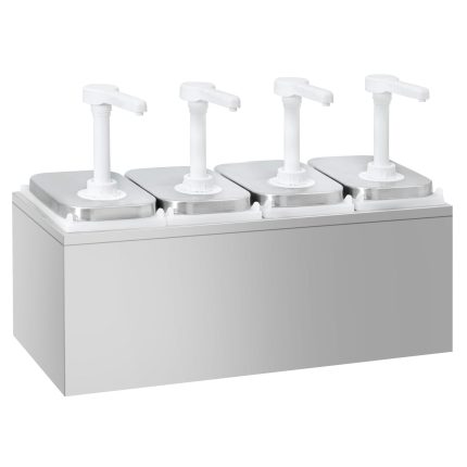Dozator sosuri - oțel inoxidabil - 4x 2 litri - dozare 30 ml - dozaj reglabil - 480x215x325 mm - cu Recipient - incl. Suport inox dozatoare sosuri