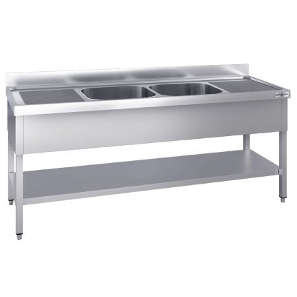 Chiuvetă profesională PREMIUM - 2000x600 mm - cu poliță inferioară - cu 2 cuve