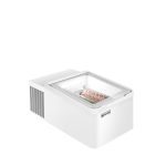 Vitrină de masă pentru înghețată - 465 mm - statică - pentru 2x cuve/vaschete de 5 litri pentru înghețată - geam frontal încălzit - alb - deschidere capac spre partea clientului