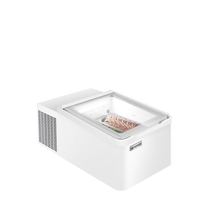Vitrină de masă pentru înghețată - 465 mm - statică - pentru 2x cuve/vaschete de 5 litri pentru înghețată - geam frontal încălzit - alb - deschidere capac spre partea clientului