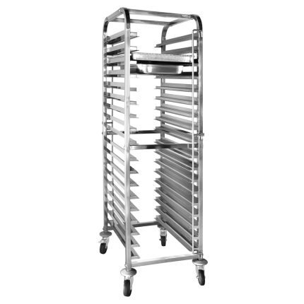 Din oțel inoxidabil Cărucior pentru tăvi - pentru 18 tăvi GN 1/1 sau 18 tăvi EN 600x400 - cu roți pivotante - 2 cu frână - roți Ø125 mm