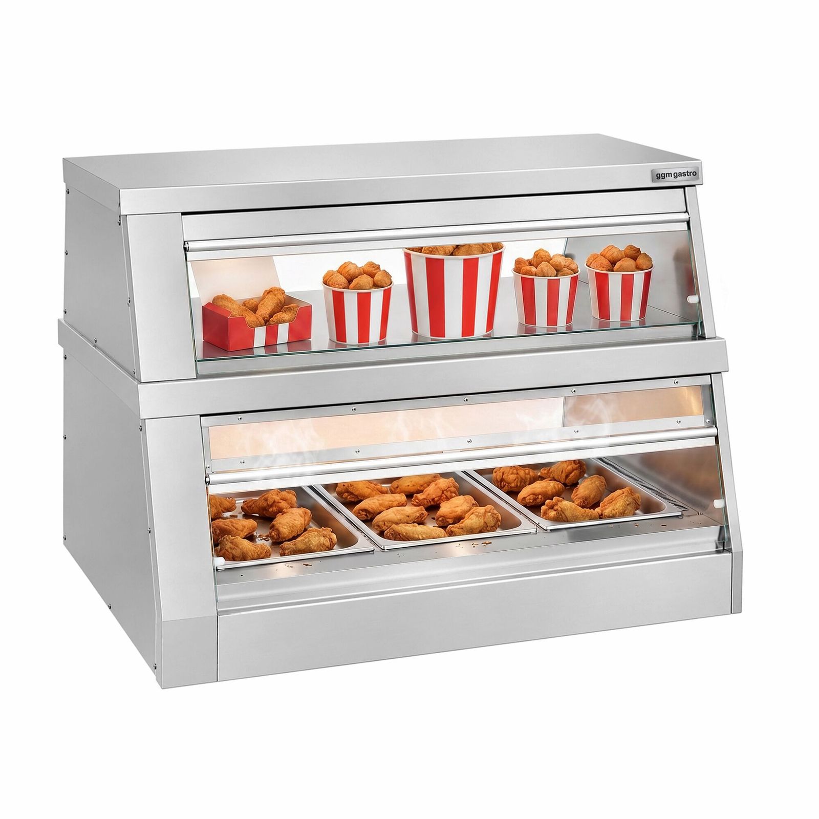 WHVK12_1.jpg Vitrină de menținere a căldurii – 1200 mm – 3,5 kW – pentru 3 tăvi GN 1/1 – 2 rafturi – cu comandă separată - imagine 1