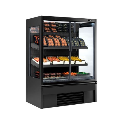 Raft frigorific - 1330 mm - 569 litri - +4°C/+6°C - cu 2 uși din sticlă cu geam dublu uși cu balamale & 2 polițe - negru