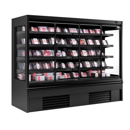 Raft frigorific - 2580 mm - 910 litri - +2°C/+4°C - cu 4 uși din sticlă cu geam dublu uși cu balamale & 4 polițe - negru