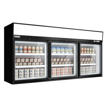 Vitrină congelatoare de perete pentru supermarket – 2100 mm – 346 litri – cu 3 uși și 2 rafturi – Negru