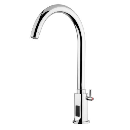 Baterie cu un singur orificiu PREMIUM - pentru apă rece și caldă - cu senzor infraroșu, beretare fără atingere, baterie AA, mixer monocomandă & pipă pivotantă - 210 mm