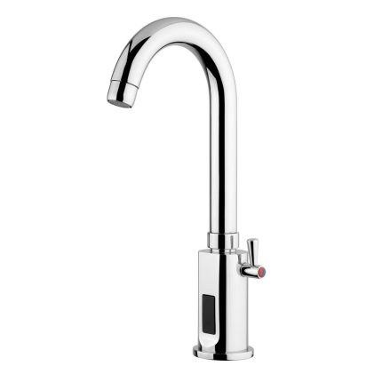 Baterie cu un singur orificiu PREMIUM - pentru apă rece și caldă - cu mixer monocomandă, senzor infraroșu & pipă înaltă pivotantă - 130 mm