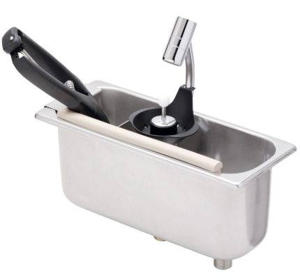 Dispozitiv clătire porționator înghețată  - 269x110x115 mm - cu supapă antiretur - incl. tavă sită, țeavă preaplin, profil de lovire, suport de scurgere pentru porționator
