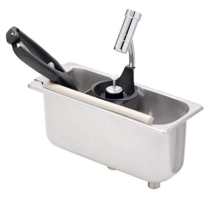 Dispozitiv clătire porționator înghețată - WATERSTOP - 269x110x115 mm - cu oprire automată a apei & supapă antiretur & intrare apă 1/2” - incl. abklopfprofil & țeavă de preaplin & suport de scurgere pentru porționator
