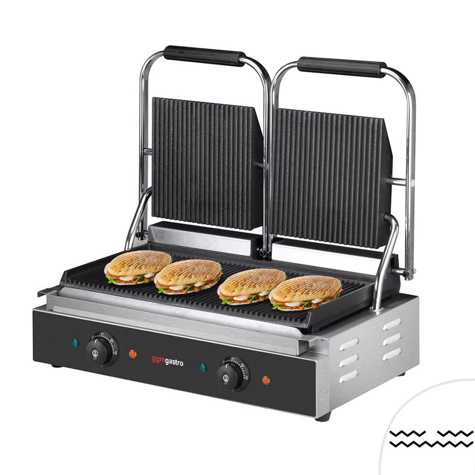 kgj542_neuesdesign_befuellt-jpg.jpg Grătar de contact / Grătar pentru hamburgeri – 3,6 kW – cu grătare sus și jos – Suprafață de gătit: 485x235 mm - imagine 1